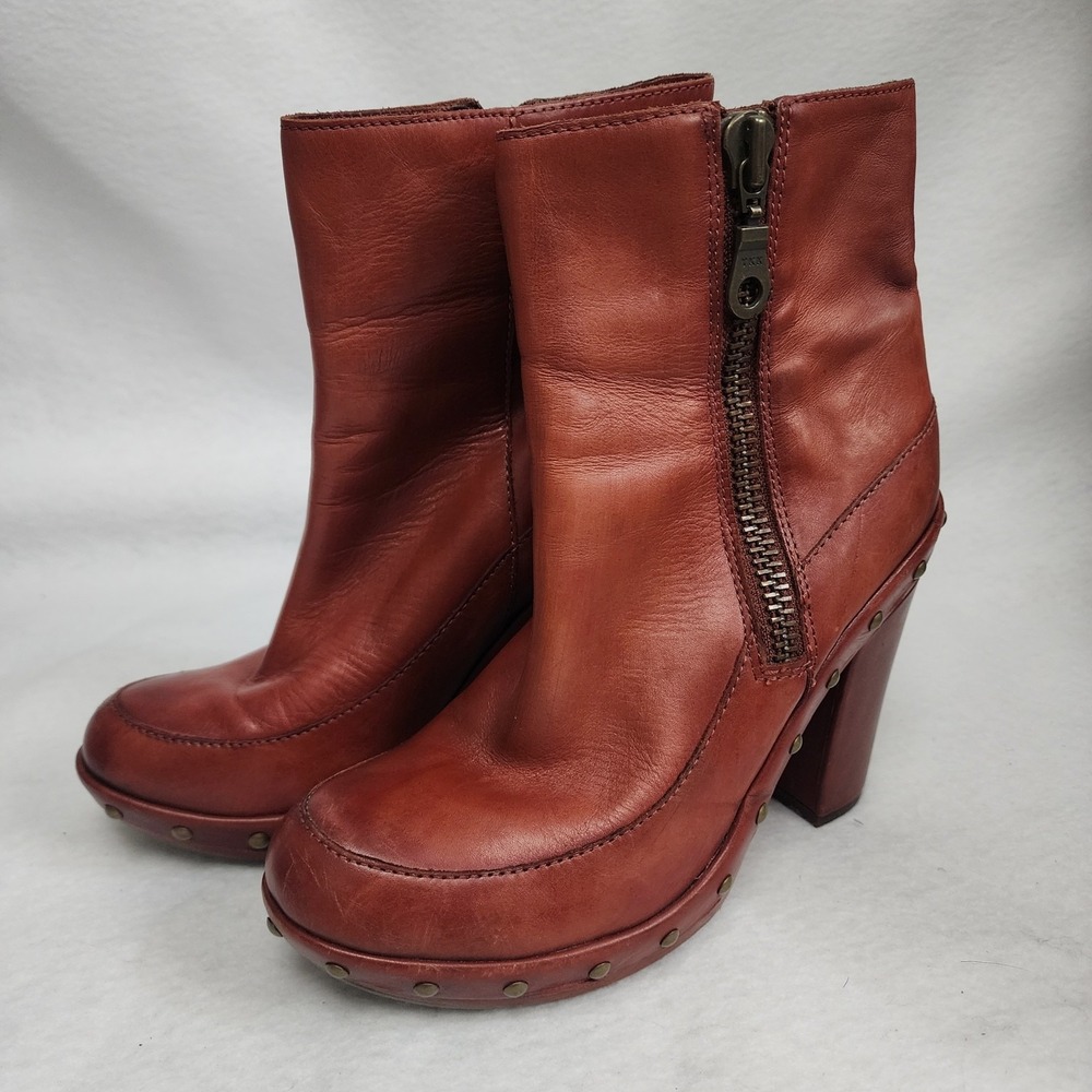 Kork Ease Womens 8 Bootie Maroon Leather Studded Side Zip Block Heel Ankle Boots